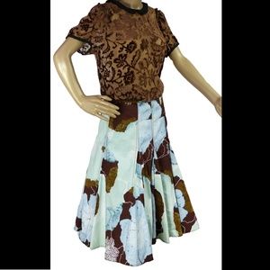 Anthro Odille Skirt Blue Brown Flared EUC